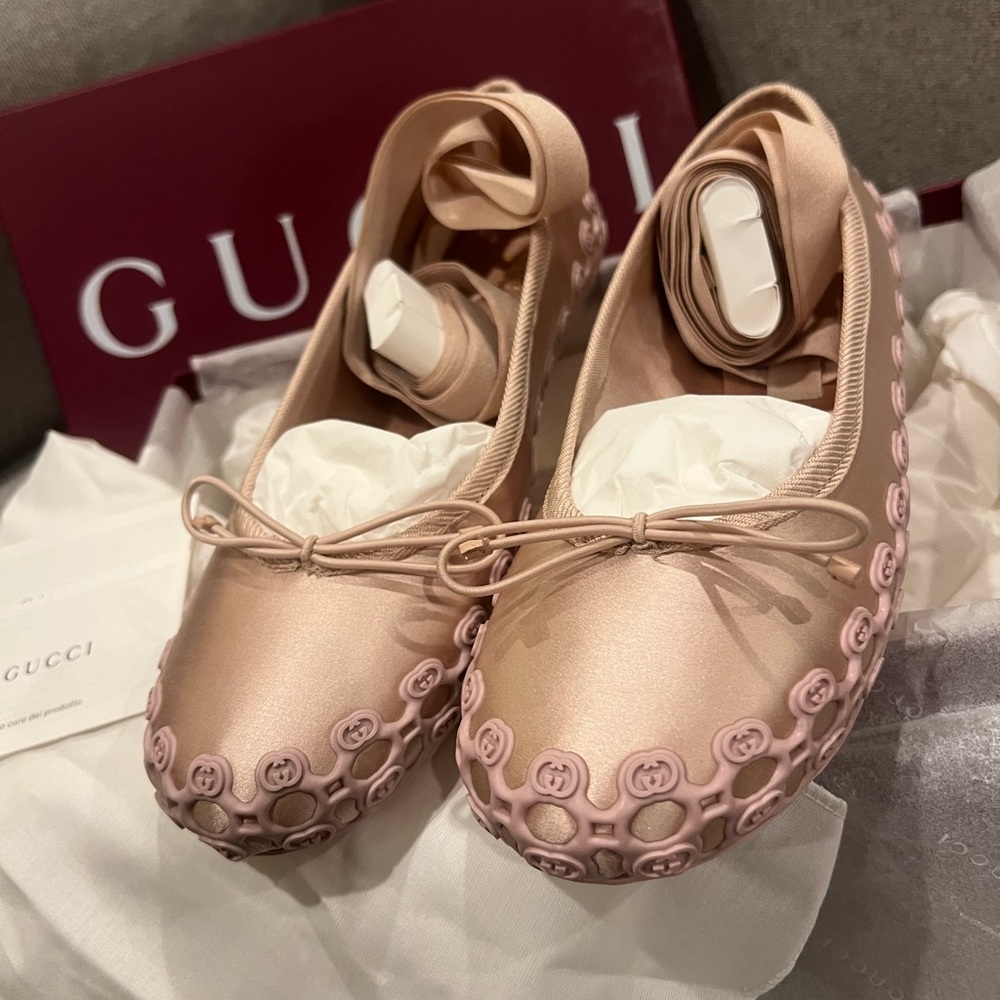 New Gucci Light Pink Ribbon Ballet Flats GG logo - Picture 8 of 15